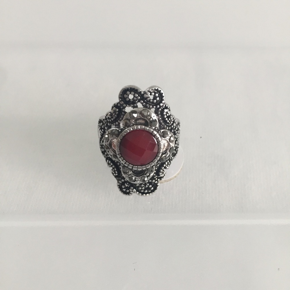 Silver Tone Ring With Red Stone.